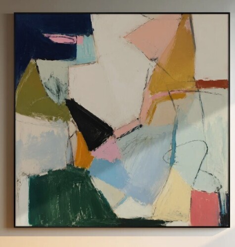 SIGNLEADER Extra Large Wall Art Fabric Print - Modern Geometric Abstract Composition with Muted Pastel and Neutral Color Blocks for Living Room or Bedroom - "Frame Assembly Required (Unfinished Frame)" 36" H x 36" W New In Box $199