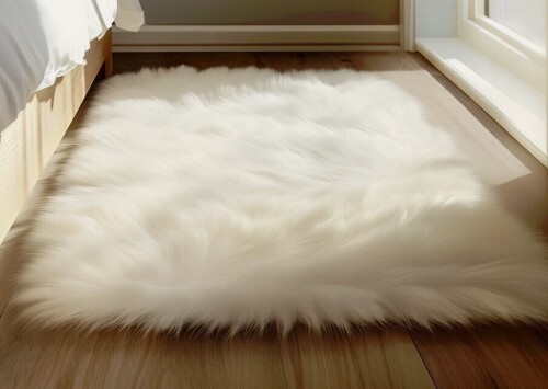 Everly Quinn Haja Fluffy Faux Sheepskin Fur Shag Area Rug in White, 2' x 5' $99