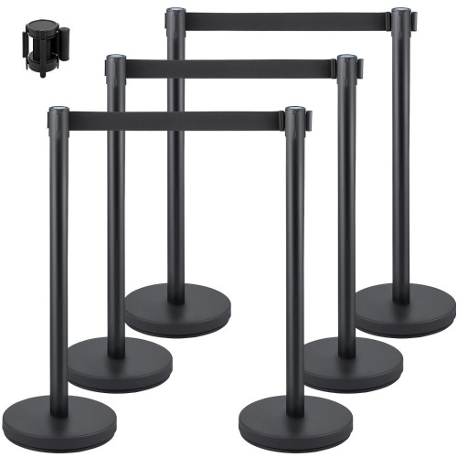 VEVOR Crowd Control Stanchion Set, Stanchion Set with 6.6 ft/2 m Black Retractable Belt, Black Crowd Control Barrier w/Concrete and Solid Metal Base - Easy Connect Assembly New In Box $299