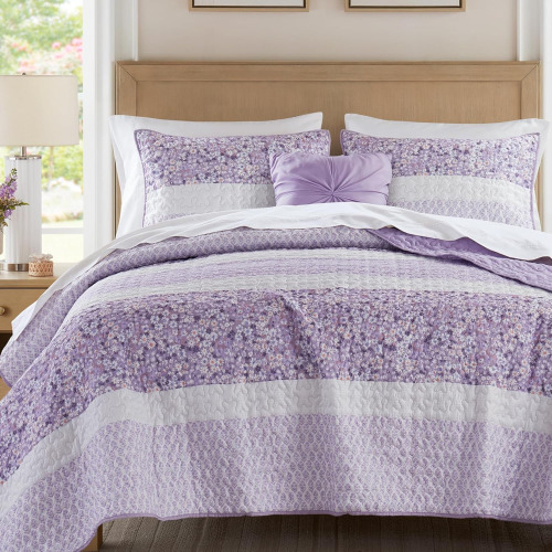 Madison Park Quilt Set, Seersucker Floral Coverlet for Full/Queen Size Bed, All Season Lightweight Bedding, Farmhouse Quilt Set, Vermicelli Quilting, Throw Pillow, Caralie, Full/Queen Purple 4 Piece New In Box $199