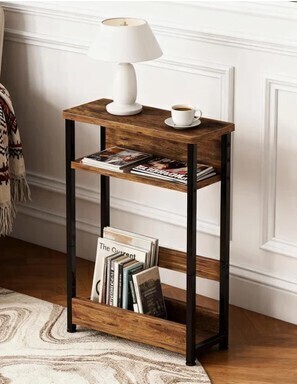 Wrought Studio&trade; Narrow Side Table with Storage Shelf, 3-Tier Slim End Table with Magazine Holder, Modern Sofa Thin Tables for Small Spaces Skinny Bedside Tables Nightstand with Magazine Rack Tiger Stripe $199