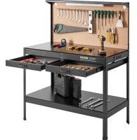 VEVOR Workbench A3 Steel Work Bench For Garage max. 1500W Heavy Duty Workbench 220lbs Weight Capacity 0.47" Bench top Thickness Hardwood Workbench 1.5m Cable 4xAC outlets 2xUSB ports 30xHooks $299