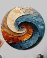 Design Art Blue and Orange Collaged Spiral - Abstract 36" Round Print on Metal Art, Round Wall art Print (No Texture) New In Box $299