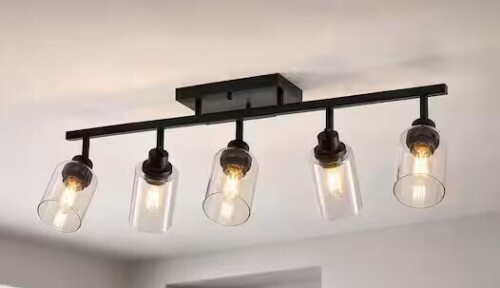 Genoci 5-Light 3 ft. Black Dimmable Hardwire Adjustable Track Lighting Kits with Glass Cylinder Shades for Kitchen Living Room New In Box $299