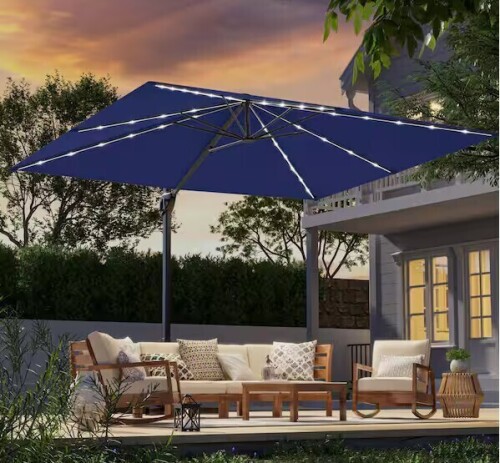 JOYESERY 10 x 8 ft. Metal LED Rectangle Cantilever Patio Umbrella Solution-Dyed Fabric and 360&deg; Rotation System in Navy Blue New in Box $499