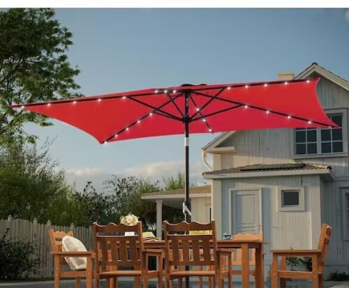 JOYESERY 10 ft. x 6.5 ft. Solar LED Rectangle Market Patio Umbrellas with Solar Lights Tilt Button in Venetian Red New in Box $499
