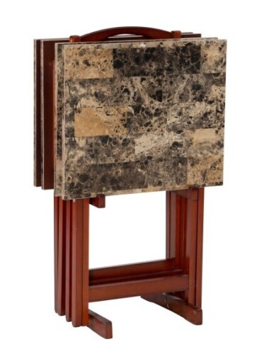 Linon Tray Table Set in Brown Faux Marble & Wood New in Box $299