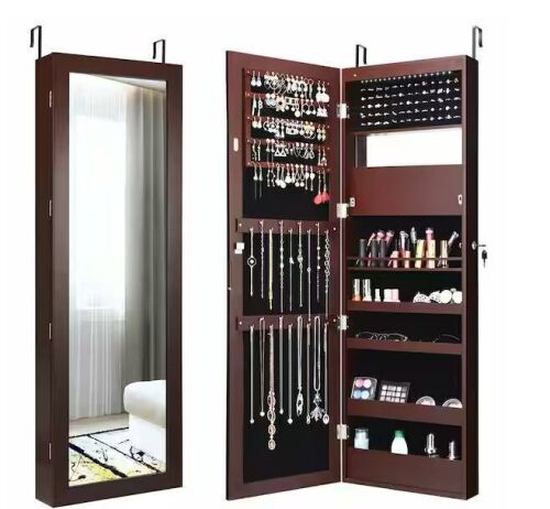 Gymax 47 in. H x 14.5 in. W x 3.5 in. D Wall Door Mounted Lockable Jewelry Cabinet Armoire Organizer with LED Brown New In Box $299