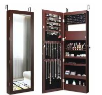 Gymax 47 in. H x 14.5 in. W x 3.5 in. D Wall Door Mounted Lockable Jewelry Cabinet Armoire Organizer with LED Brown New In Box $299