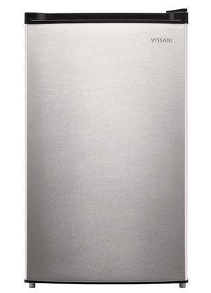 Vissani 4.4 cu. ft. Mini Refrigerator in Stainless Look with 7-Door Racks, Glass Shelves, and Energy Efficiency New Floor Model On Working $399