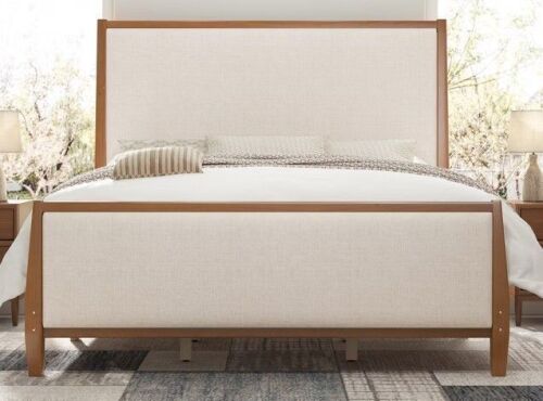 AMERLIFE Queen Solid Wood Bed Frame with Upholstered Headboard & Footboard, 58" Tall Platform Bed, Walnut New in box $599