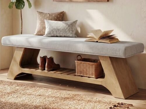 Millwood Pines 55" Solid Wood Bench with Storage Shelf, Upholstered Entryway Bench Soft Padded Bench Seating $399