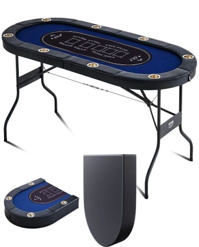 VEVOR 8 Player Foldable Poker Table, Blackjack Texas Holdem Poker Table with Padded Rails and Stainless Steel Cup Holders, Portable Folding Card Board Game Table, 72" Oval Casino Leisure Table, Blue New in Box $399
