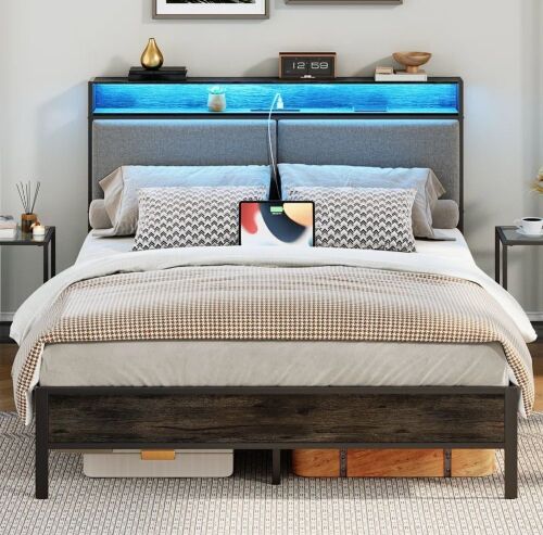 Wrought Studio Jeffory Bed with Storage Headboard and Integrated Charging Station, Full Size, Dark Grey, New in Box $399