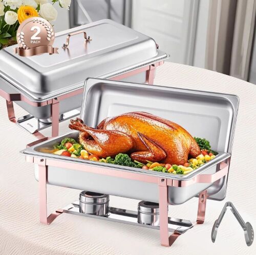 VEVOR Chafing Dish Buffet Set, 8 Qt 2 Pack, Stainless Steel Chafer with 2 Full Size Pans, Rectangle Catering Warmer Server with Lid Water Pan Stand Fuel Holder, for Wedding Party Banquet, Rose Gold New In Box $199
