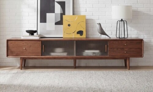 Red Barrel Studio Fjord 79"W Solid Oak TV Stand with Fluted Glass Doors New in Box $999
