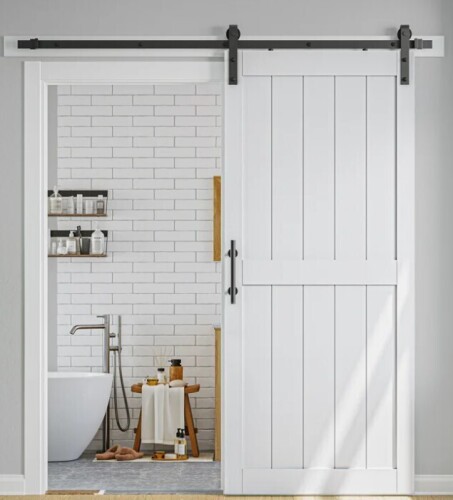 LDB Building Manufactured Paneled Wood Barn Door with Installation Hardware 48" x 80" New in Box $399