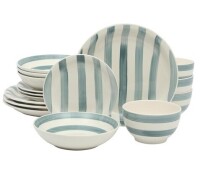 Kenwood Shores 16 Piece Dinnerware Set, Blue Striped, Hand-Painted Stoneware Dishes, Plates and Bowls, Service for 4, Microwave & Dishwasher Safe New In Box $199