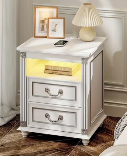 HWB Farmhouse Nightstand with Power Outlets And USB Ports, Bedside Table with 2 Drawers And 1 Open Storage Space, Farmhouse End Side Table with 3 Color Lights, for Bedroom/Living Room New In Box $299