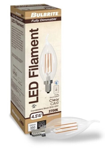 BULBRITE 4.5W Clear Filament CA10 Candelabra LED Bulb and 90 CRI 2700K Dimmable E12 Candelabra 350 Lumens 120V 4PK New In Box