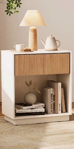 Ebern Designs Fluted Nightstand, Modern Mid - Century Bedside Table With Drawer & Open Storage Shelf, End Table For Bedroom, Living Room, Office, Sofa Side Couch (White+Oak) New In Box $299