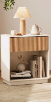 Ebern Designs Fluted Nightstand, Modern Mid - Century Bedside Table With Drawer & Open Storage Shelf, End Table For Bedroom, Living Room, Office, Sofa Side Couch (White+Oak) New In Box $299
