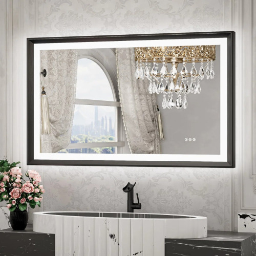 Latitude Run New Rockford 40" x 24" Frontlit & Backlit LED Bathroom Vanity Mirror, Black, New in Box $499