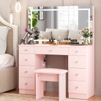 Latitude Run VOWNER 44" Makeup Vanity Desk with Glass Top, Lighted Mirror, 7 Drawers, with Power Outlet, 3 Color Lighting Modes Adjustable Brightness, Soft Cushioned Stool, Pink, New in Box $499