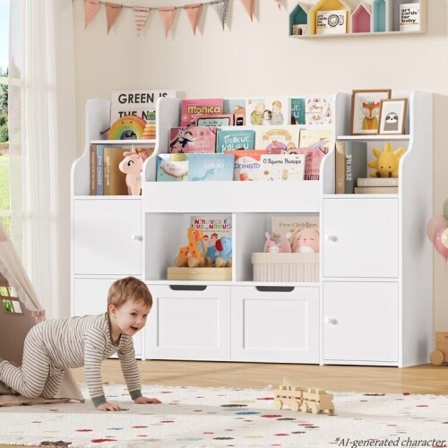 Homfa 4 Doors Kids Bookcase with 3 Tier Book Racks & 2 Mobile Drawers, 4 Cube Bookshelves Toy Storage Organizer for Playroom Kids Room, White, New in Box $299