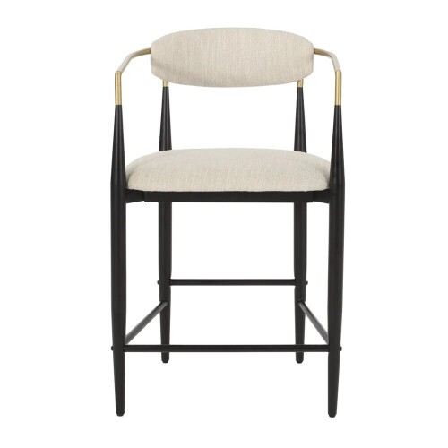 English Elm Counter Stool Matte Black Iron Frame Gold Trim Upholstered Seats, New Open Box $499