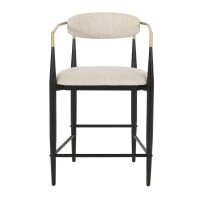 English Elm Counter Stool Matte Black Iron Frame Gold Trim Upholstered Seats, New in Box $499