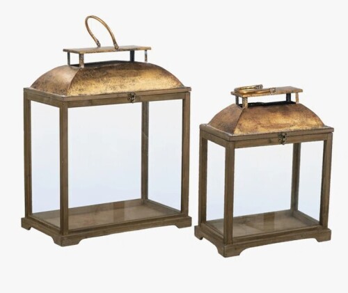 Red Barrel Studio&reg; Set of 2 Solid Wood and Glass Lantern with Gold Metal Dome New In Box $299