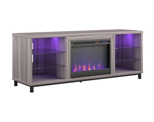 Ameriwood Home 64.75-in W Light Walnut TV Stand with Fan-forced Flat Wall Electric Fireplace with Remote Control Included New In Box $699