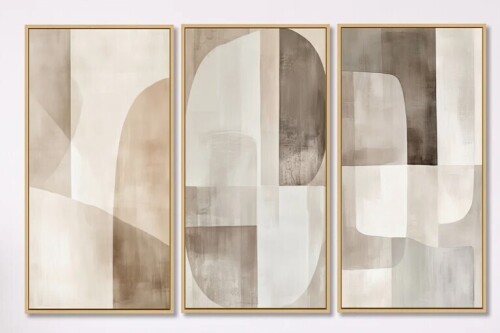 Ebern Designs Beige Minimal Wall Art - Neutral Shapes in Balance &ndash; Abstract Minimalism Framed Wall Art Set of 3, 32" H x 48" W, New In Box $299
