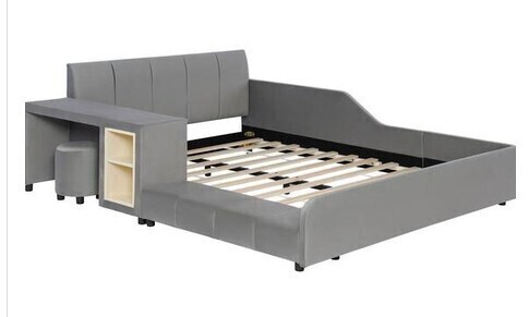 Harper & Bright Designs Gray Modern Luxury Wood Frame Queen Size Soft Velvet Upholstered Platform Bed with Bedside Desk and Round Stool (2 Boxes) New in Box $799