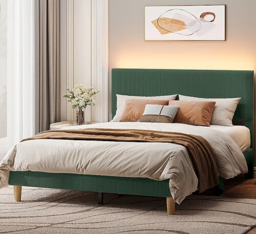 Bestier Queen Size Green Vertical Striped Corduroy Bed Frame with LED Light and Adjustable Headboard in Green New in Box $599