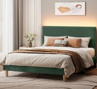 Bestier Queen Size Green Vertical Striped Corduroy Bed Frame with LED Light and Adjustable Headboard in Green New in Box $599