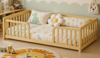 Latitude Run Natural Twin Size Floor Fence Bed with Central Entrance, Solid Pine Wood Floor Bed with Full Guardrails New in Box $299
