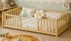 Latitude Run Natural Twin Size Floor Fence Bed with Central Entrance, Solid Pine Wood Floor Bed with Full Guardrails New Shelf Pull $299