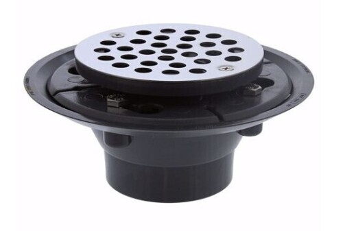 Jones Stephens 2" x 3" PVC Shower Drain with 2" PVC Spud and 4-1/4" Round Stainless Steel Strainer New