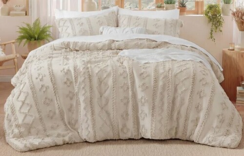 Bedsure Tufted Boho King Comforter Set &ndash; 3-Piece Ivory Shabby Bedding, Farmhouse Jacquard Bed Set with Embroidery, All-Season Softness for Cozy Bedrooms & Boho-Chic Gifts $299