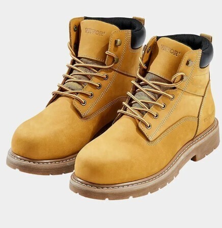 VEVOR Pair of Mens Steel Toe Work Boots, Waterproof Work Boots for Men, Slip-Resistant Work Boot, Lightweight and Breathable Rubber Sole Mens Boots for Industry Construction, Brown Yellow New In Box Size 9.5 $99