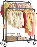 Laiensia Double Rods Garment Rack with Wheels, Clothing Rack for Hanging Clothes, 4 Hooks, Multi-functional Bedroom Clothes Rack, Black New In Box $89