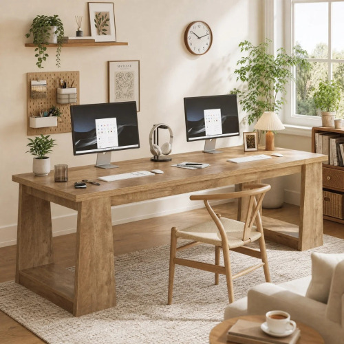 Ophelia & Co. 86.6" Home Office Desk for 2 People, Natural Oak, New in Box $399