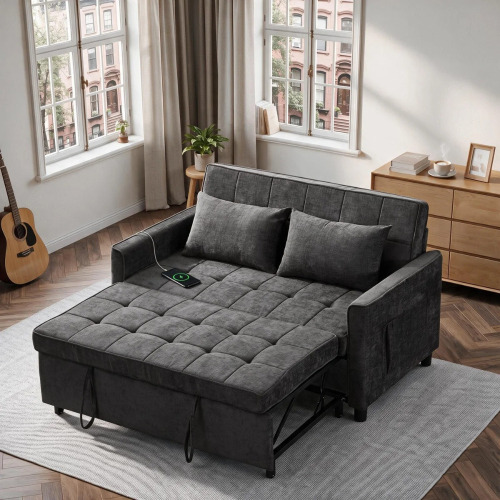 Ebern Designs 56.9'' Upholstered Convertible Sleeper Sofa with USB and Side Pocket, Gray, in Box $799
