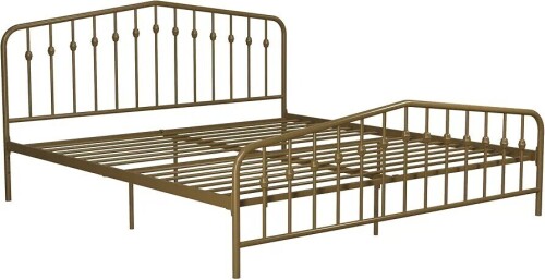 Novogratz Bushwick King Bed Frame Metal with Slightly Triangular Headboard, Inset Spindles, Adjustable Base for Storage, No Box Spring Needed, Gold, New in Box $399