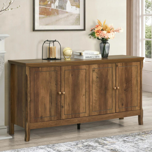 Elisa Home Porter Large Buffet Sideboard Cabinet with Storages, 60" Modern Buffet Table Dining Room Cabinet Coffee Bar Storage with 4 Doors for Dining Room, Living Room, Hallway, Brown, in Box $399