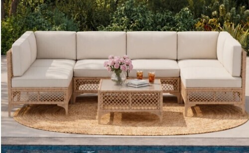 Bay Isle Home 6 - Person Premium Patio Wicker Sectional Seating Group with Cushions in Beige (2 Boxes) New in Box $899