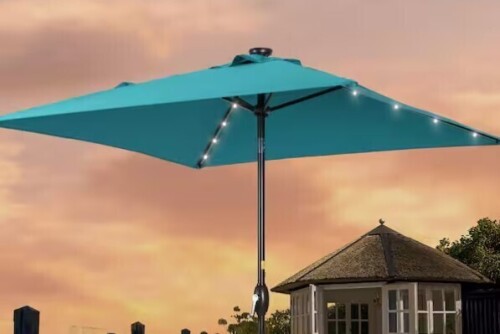 JOYESERY 6.5 ft. x 6.5 ft. LED Square Patio Market Umbrella with UPF50+, Tilt Function and Wind-Resistant Design, Lake Blue New In Box $299