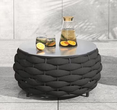 TWT Black Round Aluminum Patio Outdoor Coffee Table with Rock Slabs $399